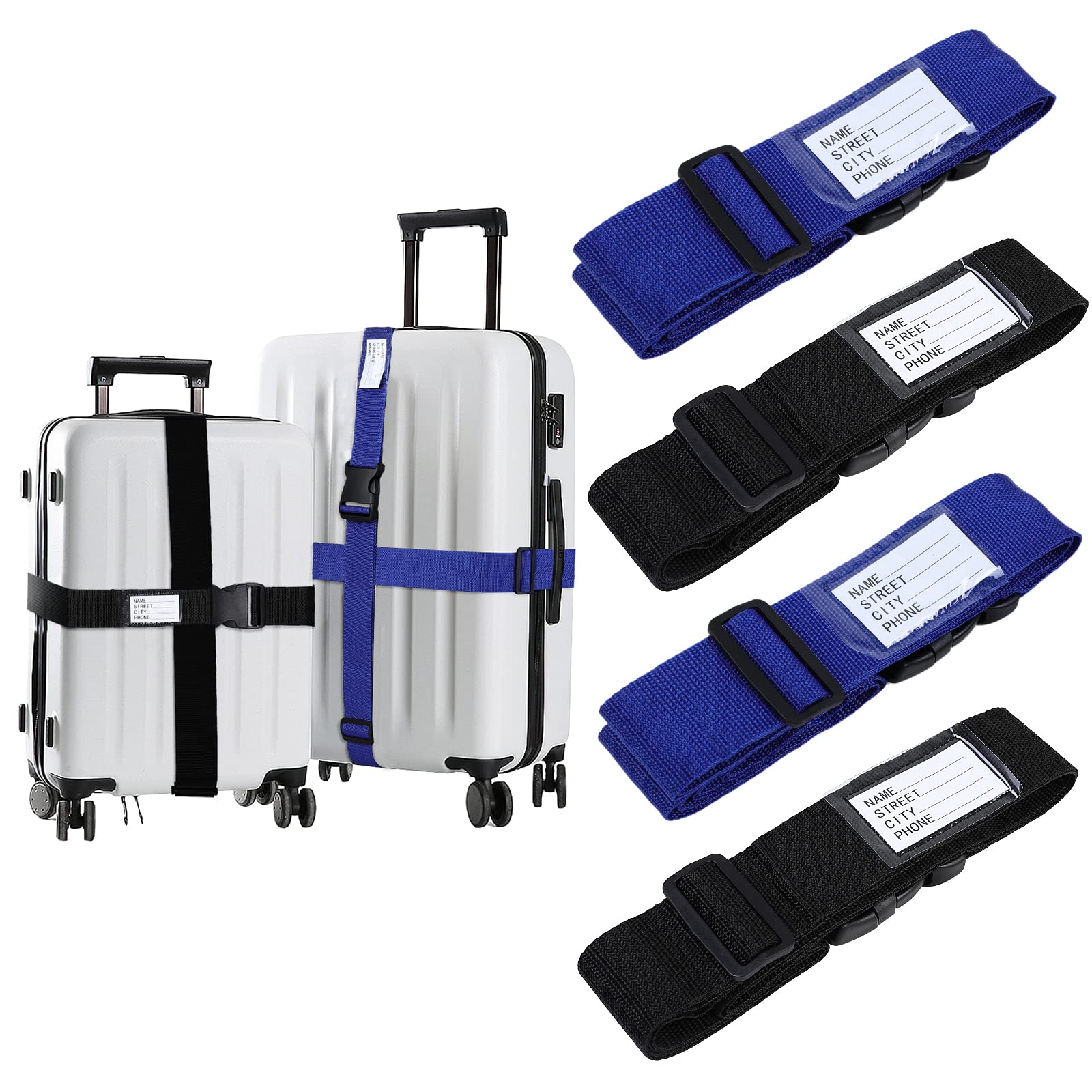 AiQInu Koffergurt Kofferband Koffergurte 4 Stück Einstellbare Kofferband Gurt mit Namensschildern und Adresse Gepäckgurt Luggage Strap für Koffer Rucksack Reisezubehör von AiQInu