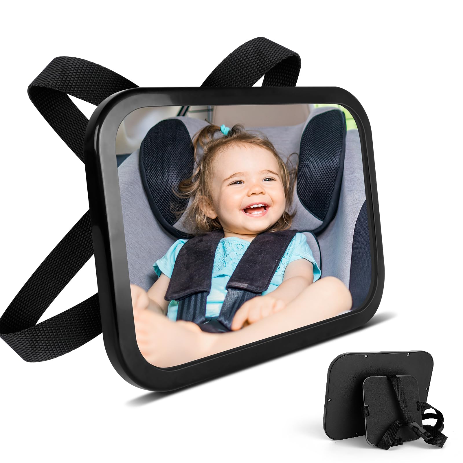 AiQInu Rücksitzspiegel für Babys, Spiegel Auto Baby Rückbank Verstellbare Elastische Riemen, Spiegel Auto 360° Schwenkbar, Bruchsicherer Auto-Rückspiegel für Babyschale für Allerlei Kopfstützen von AiQInu