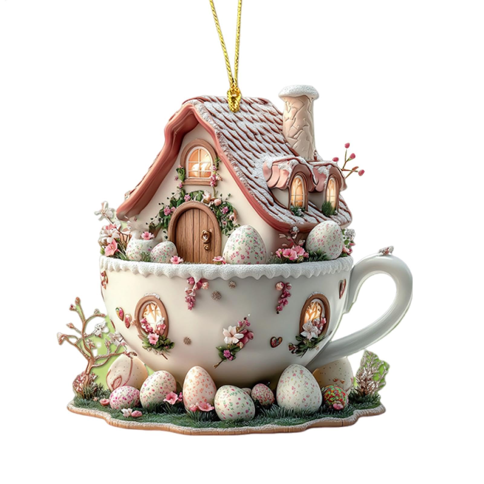 Aibyks Ostern-Auto-Rückspiegel-Ornamente, Kaffeetassen-Haus-Osterei-Dekoration zum Aufhängen | Dekorativer hängender Ornament-Osteranhänger | Osteranhänger 2d Acryl flach für Schlüsselanhänger, von Aibyks