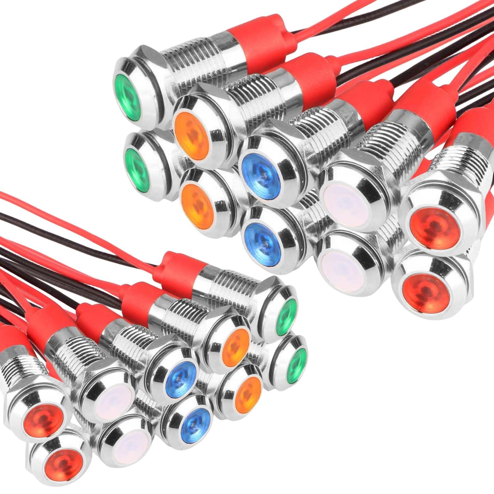 Aicharynic 20 Stück Kontrollleuchte, 6mm LED Kontrollleuchte 12V Metall Kontrollleuchte mit Draht, Signalleuchte Wasserdichte Signallampe (Rot Weiß Gelb Grün und Blau je 4 Stück) von Aicharynic