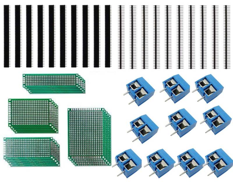 Aihasd 50Stk Doppelseitig Lochrasterplatte Kit Double Side Lochrasterplatine Leiterplatte Platine PCB Universal Board Con 10x PCB Schraubklemmenblock,10x Stecker, 10x Buchsenleiste von Aihasd