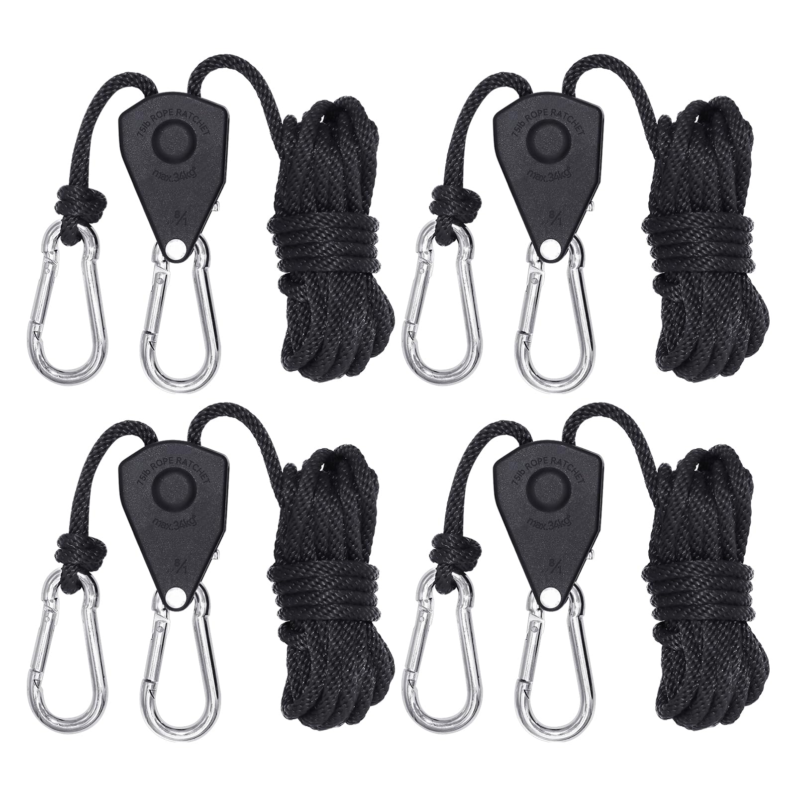 AIMEKE 4 Stück Seil Ratsche, Rope Ratchet mit Haken, 1/8 Zoll Einstellbare Seilratsche Aufhänger für Pflanzenlampe Wachsen Licht Zimmerpflanzen (68kg Tragkraft pro Paar) von Aimeke