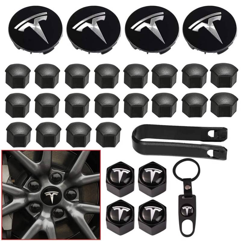 Für Tesla Radkappen-Kit, Tesla Model 3 Aero Radkappen-Kit Radmutternabdeckungen Nabenabdeckung Mutternabdeckungskappen mit Reifenventilkappen für Tesla Model 3 Wheel (Schwarz) von Aimisite