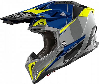 Airoh Aviator 3 Push, Motocrosshelm - Grau/Blau/Neon-Gelb/Schwarz - XL von Airoh