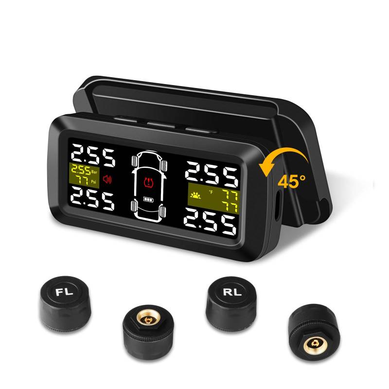 TPMS Reifendruckkontrollsystem【2/4-Rad-Modi】0.01Bar Hohe Präzision Solaraufladung Reifendruckkontrollsystem mit 3,5 Zoll Abnehmbare Halterung mit 4 Externen Reifendrucksensor für Auto Van SUV 5-87Psi von Airpuxem