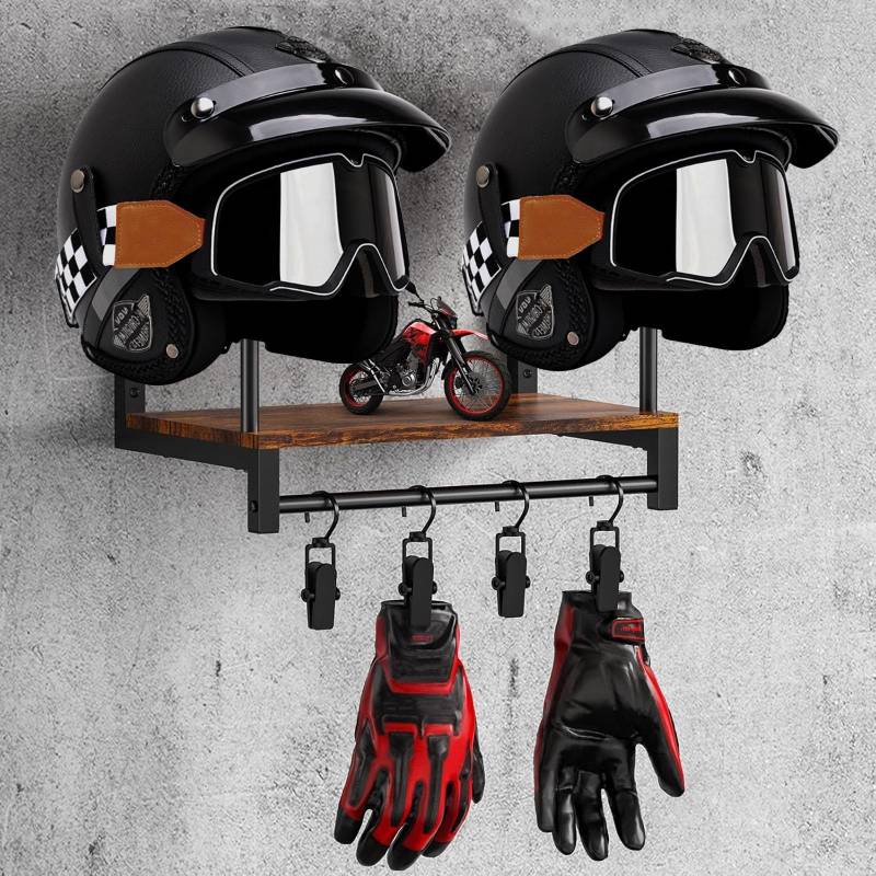 Motorradhelm Wandhalterung, Helmhalterung Wand Motorrad Baseball Helmhalter für 2 Helme Huthalterung Helmhalterung Ausstellungsstand mit 4 Aufhängeclip für Motorrad Kleidung Handschuhe von Aisny