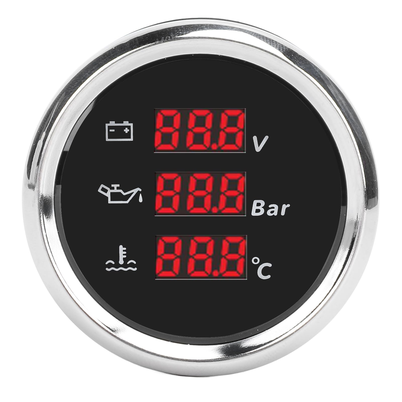 52 Mm Spannung, Öldruck, Wassertemperaturanzeige, Rote Hintergrundbeleuchtung, Digitales Voltmeter, 9–32 V DC, Wasserdicht (Schwarzes Zifferblatt, silberne Lünette) von Akozon