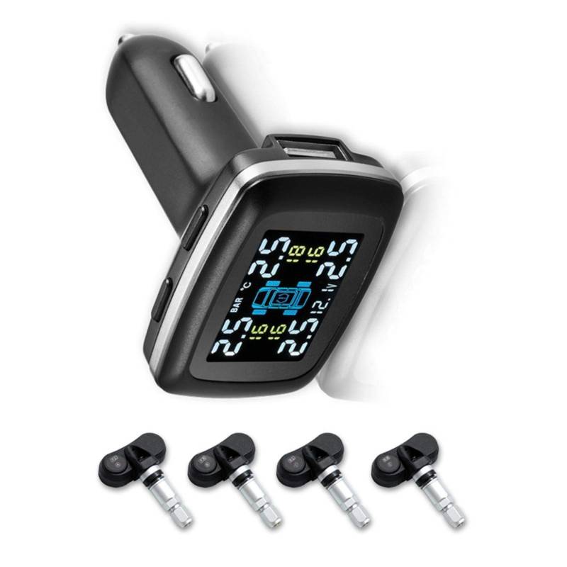 Akozon Reifendrucküberwachungssensor, Universal Auto Intelligentes TPMS Zigarettenanzünder Reifendrucküberwachungssystem mit 4 Internen Sensoren für Minibus Pickup SUV von Akozon