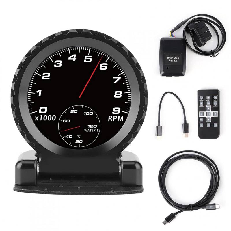 Akozon Universeller Tachometer Kilometerzähler Smart Meter i-runder LCD 2 Turbo Boost Wassertemperatur Drehzahl Öltemperatur Öldruck Volt Manometer(Schwarz) von Akozon