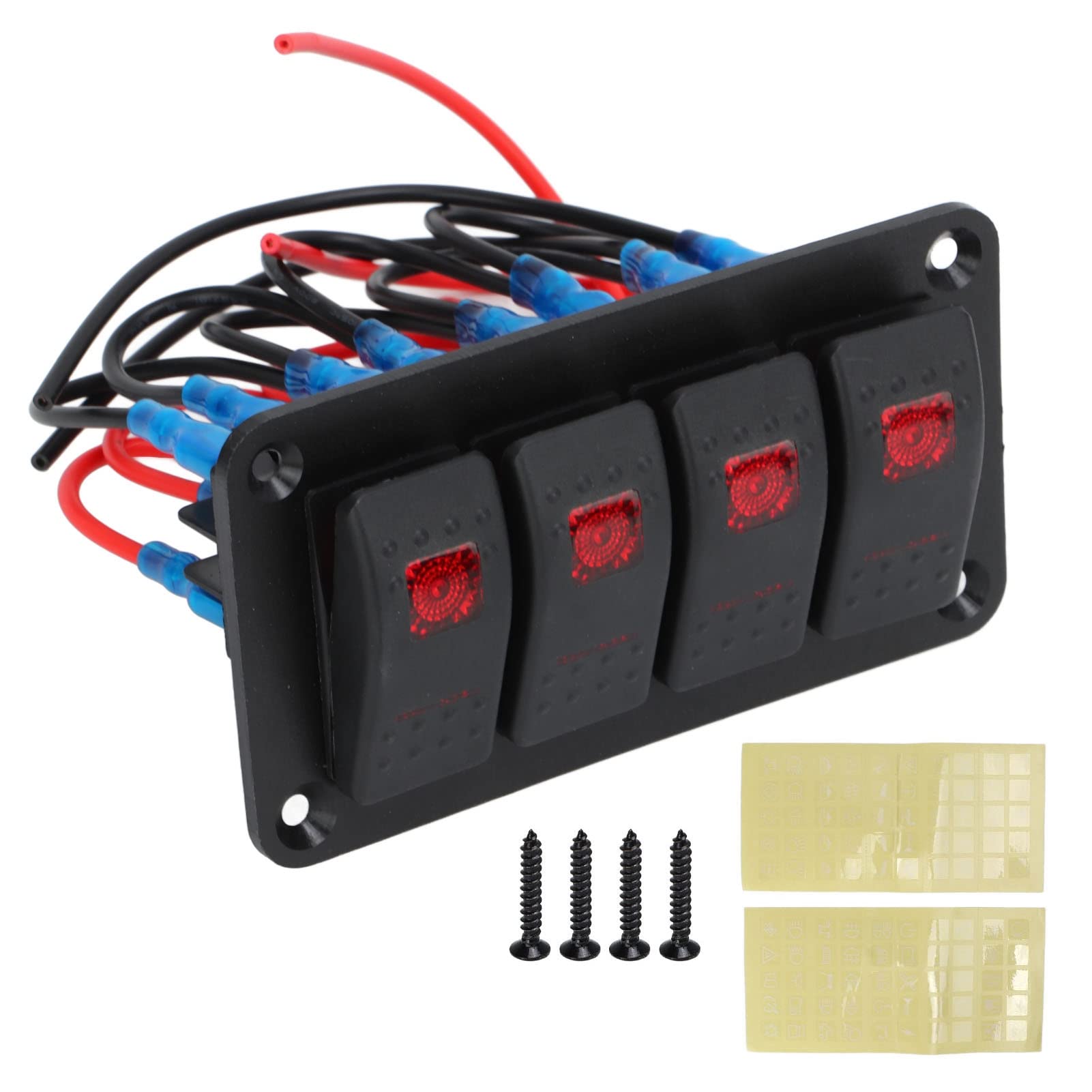 Wippschalterfeld, 4 Gang, Rote LED, Vorverdrahteter Wippschalter mit Aufklebern für Automobile, Schiffe, 12 V, 20 A, 24 V, 10 A von Akozon