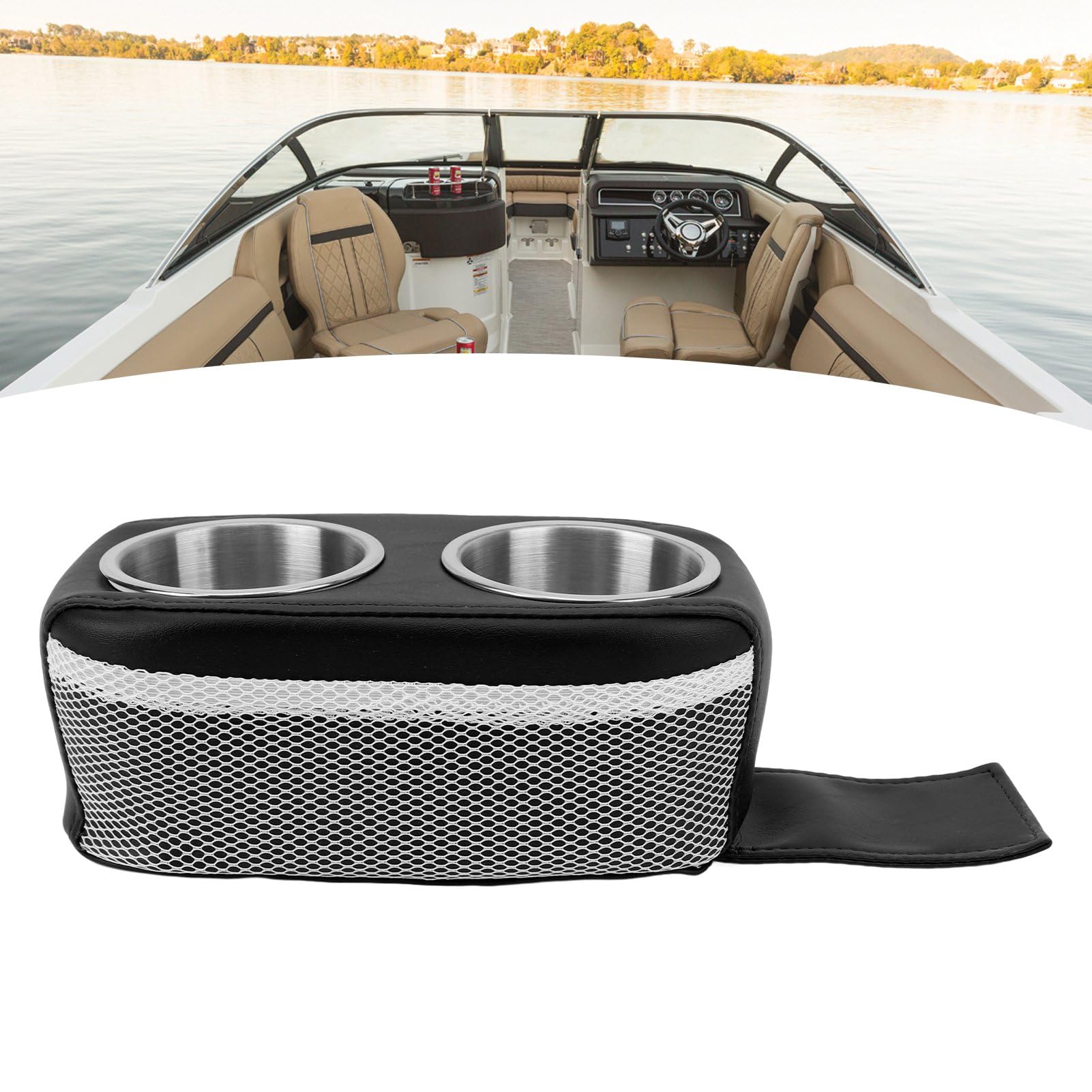 Aladeno Pontoon Cup Halter tragbarer Getränkepokal -Mobiltelefonhalter Stabiler Universal Boat Seat Cuphalter mit doppeltem Edelstahlbecher für Boot Yacht Wohnmobilauto (Black) von Aladeno