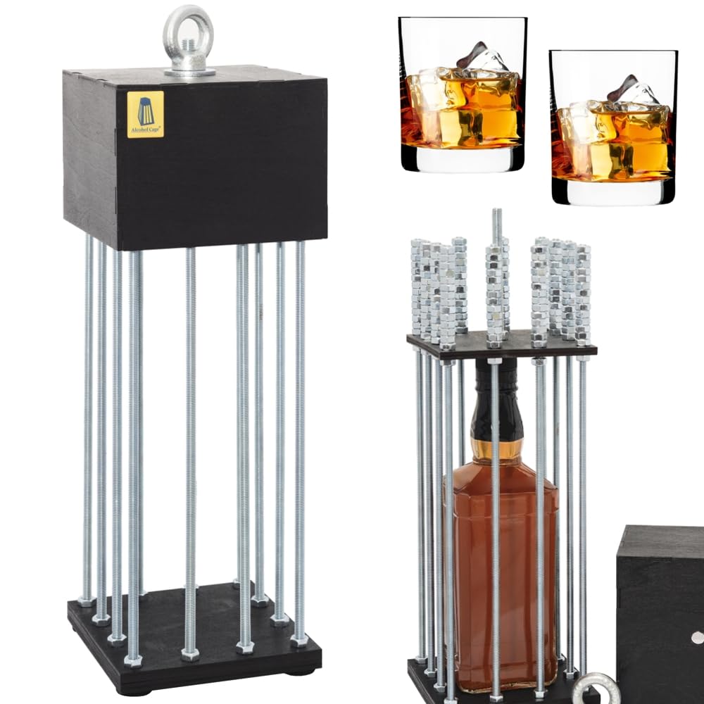 Alcohol Cage – Flaschenkäfig – Schnapsspender mit Gläsern – Alkohol Versteck – Alkohol Geschenke für Männer – Flaschenhalter Schnaps – Schnapsspender mit 2 Gläser von Alcohol Cage