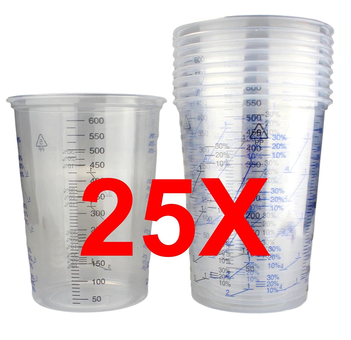 Alex Flittner Designs Mischbecher 25x Messbecher 600ml für Autolack Klarlack 2:1 3:1 4:1 Mischskala von Alex Flittner Designs