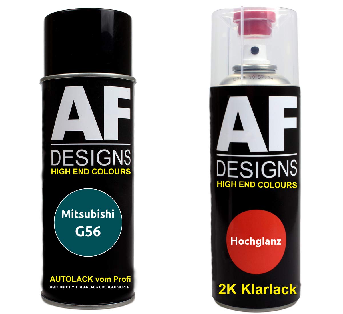 Alex Flittner Designs Autolack Spraydose Set für Mitsubishi G56 Monarch Green Perl 2K Klarlack Basislack Sprühdose Spraydosen 2x400ml von Alex Flittner Designs