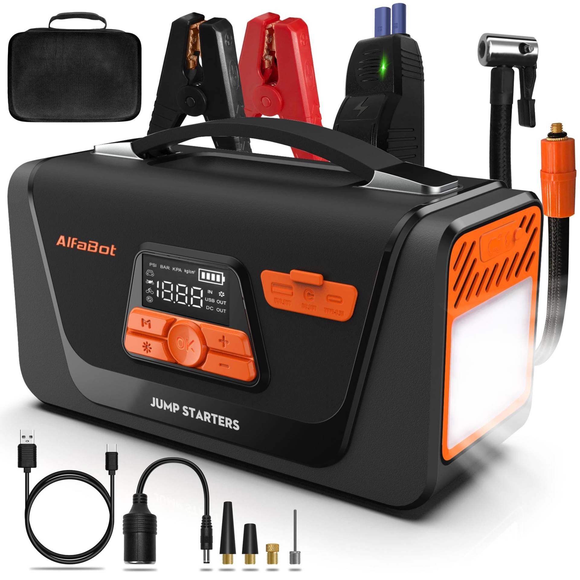 AlfaBot Q4 Starthilfe Powerbank, 4000A Spitzenstrom Booster Auto Starthilfe für 12V Diesel und Benzinmotoren, Jumpstarter mit Luftkompressor, LED-Licht, Starthilfekabel von AlfaBot