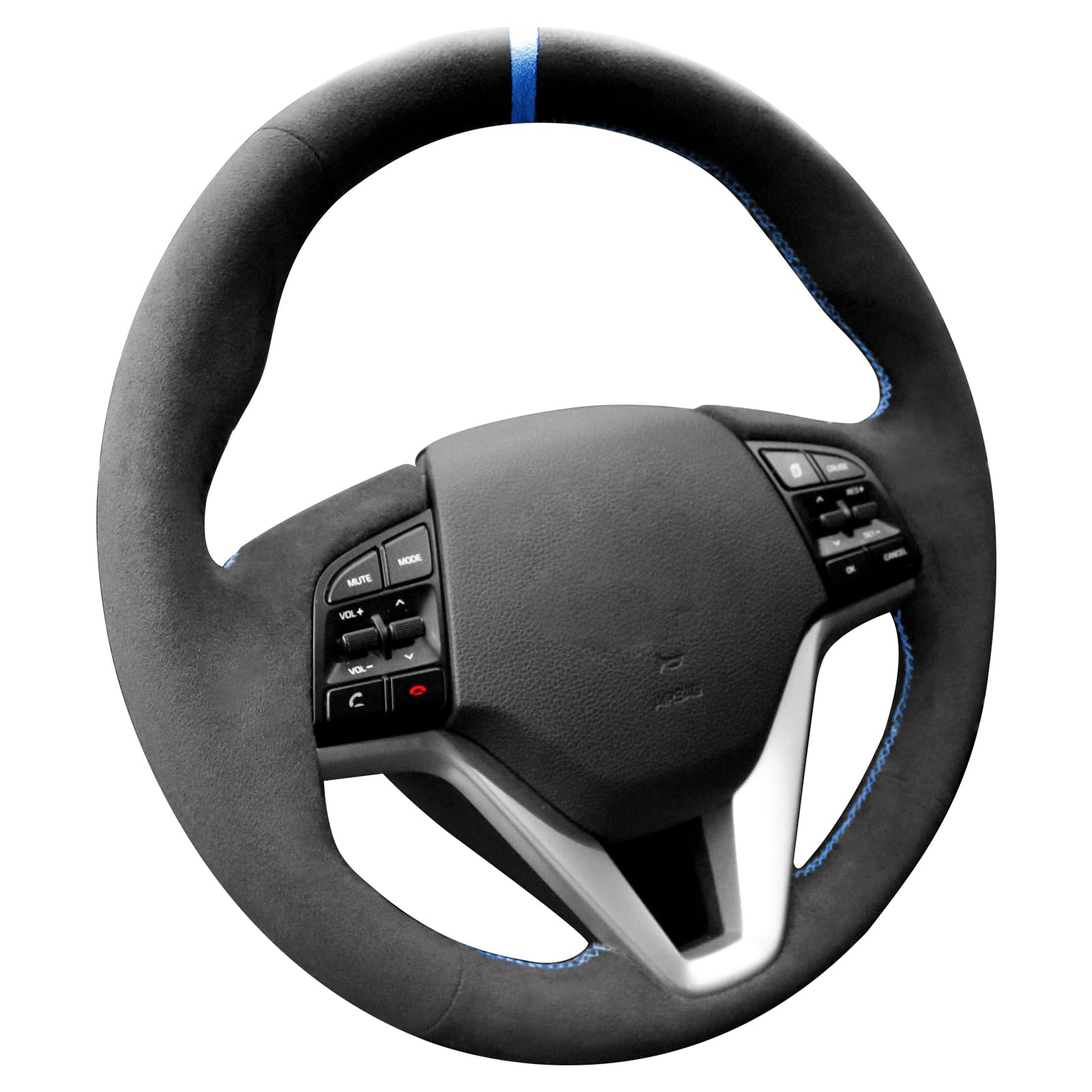 Alfanxi Handgenähter Lenkradbezug, passend für Alcantara-Material für Hyundai Tucson 2016–2023 (blaue Streifen) von Alfanxi