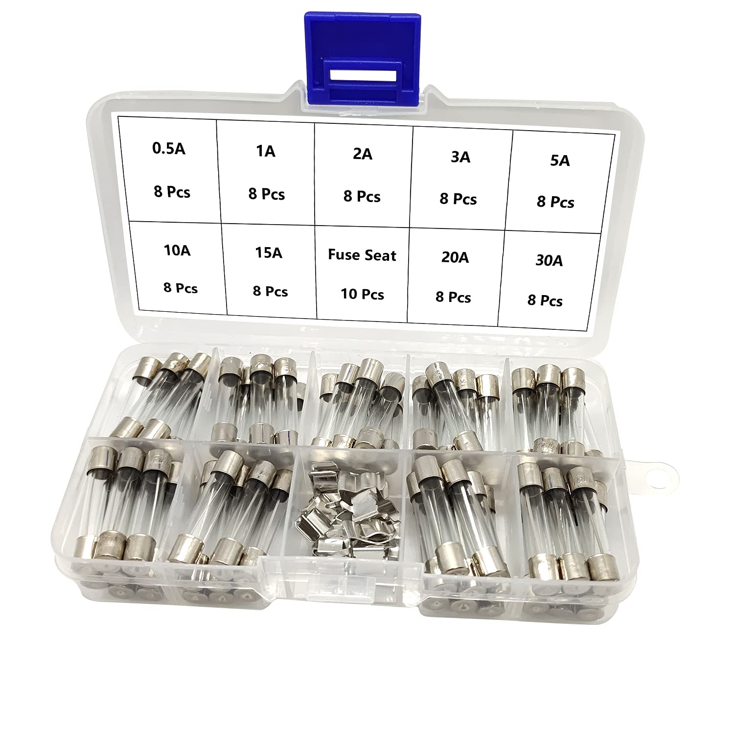 ALLNICE M6x30MM Glaspatronensicherung Schnell Glow Tube Fuse Assortment Kit 0.5A 1A 2A 3A 5A 10A 15A 20A 30A, 72PCS und 10PCS Fuse Seat (Type 1：M6*30mm) von Allnice