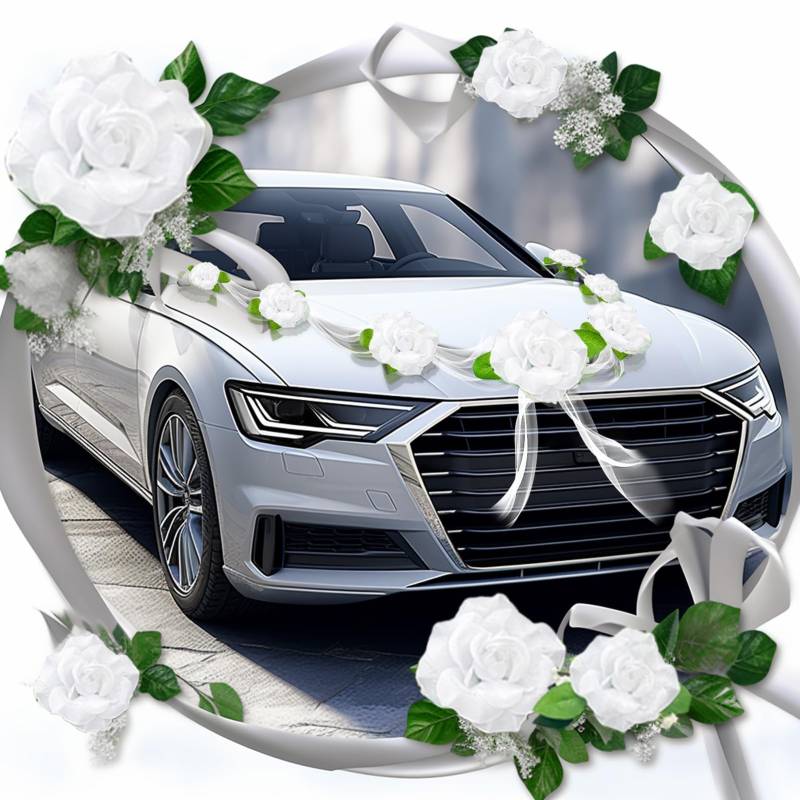 Allony Autoschmuck Hochzeit, Auto Deko Hochzeit, Traumhafter Hochzeit Autoschmuck, Autoschmuck Hochzeit Motorhaube, Kommt mit 9 extra Starken Saugnäpfen, Hochzeits Weiß Gaze Rosendekoration Set von Allony