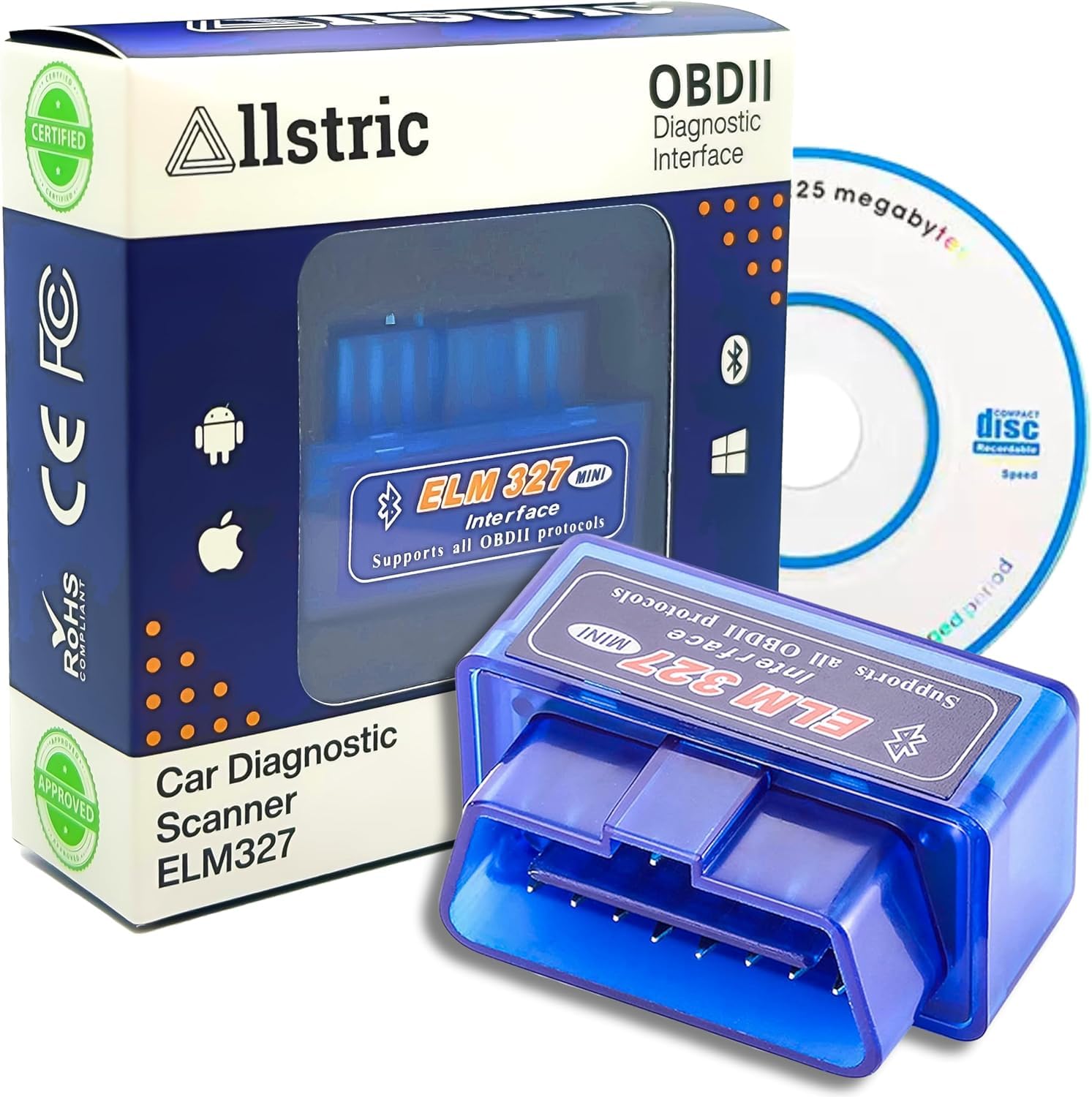 Allstric® OBD2 Diagnosegerät mit CD. ELM327 Auto Diagnosegerät für alle Fahrzeuge. Fehlercodes auslesen & löschen, Echtzeitdaten & Live-Diagnose. Kompatibel mit Windows, Android, iOS & OBD2 Bluetooth von Allstric