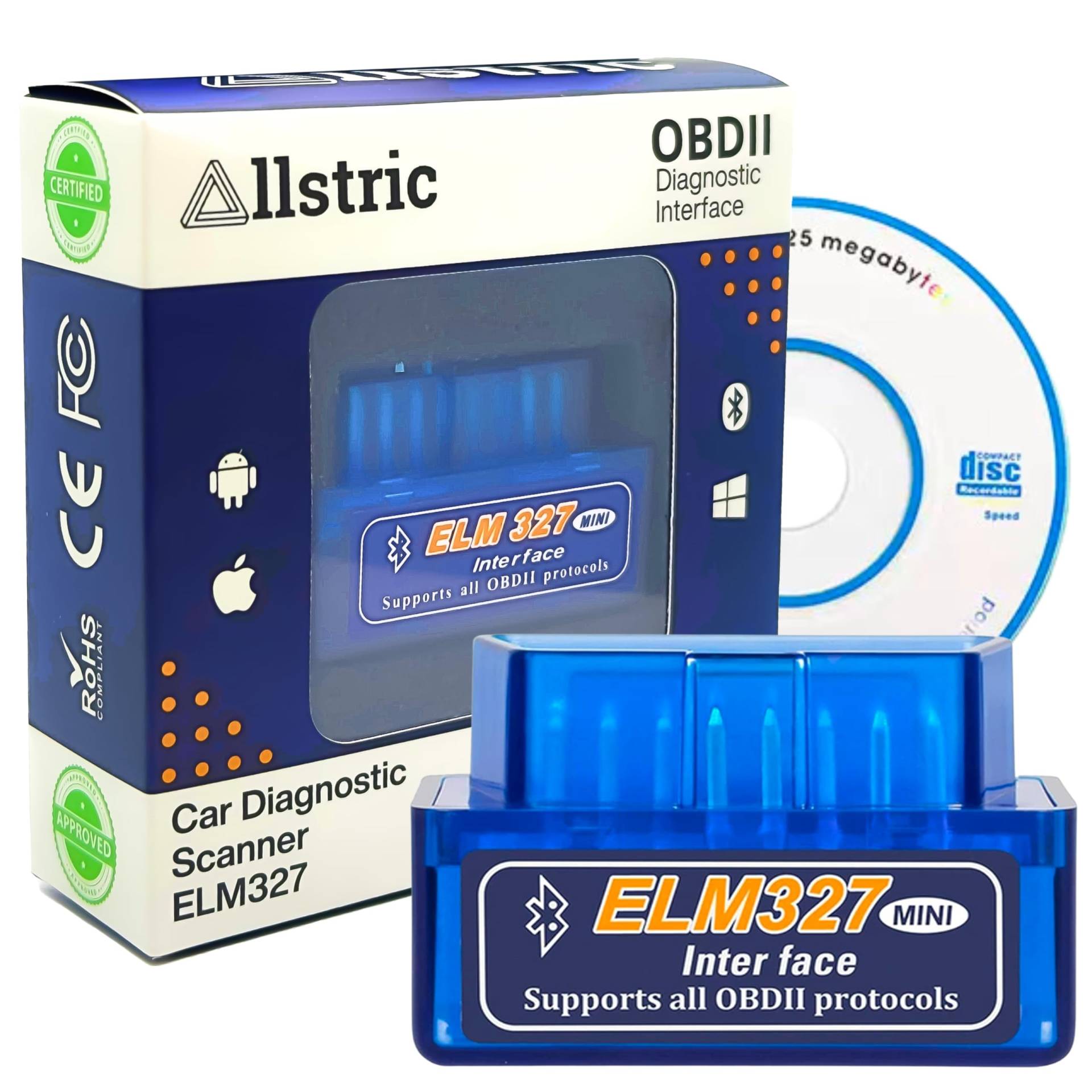 Allstric® OBD2 Diagnosegerät mit CD – ELM327 Auto Diagnosegerät für alle Fahrzeuge. Fehlercodes auslesen & löschen, Echtzeitdaten & Live-Diagnose. Kompatibel mit Windows, Android, iOS & OBD2 Bluetooth von Allstric