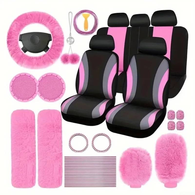 Verbessern Sie Ihre Fahrt mit einem kompletten Plüsch-Zubehör-Set mit gemütlichen Abdeckungen für Räder und Schalthebel (Rosa) von Allthingstore