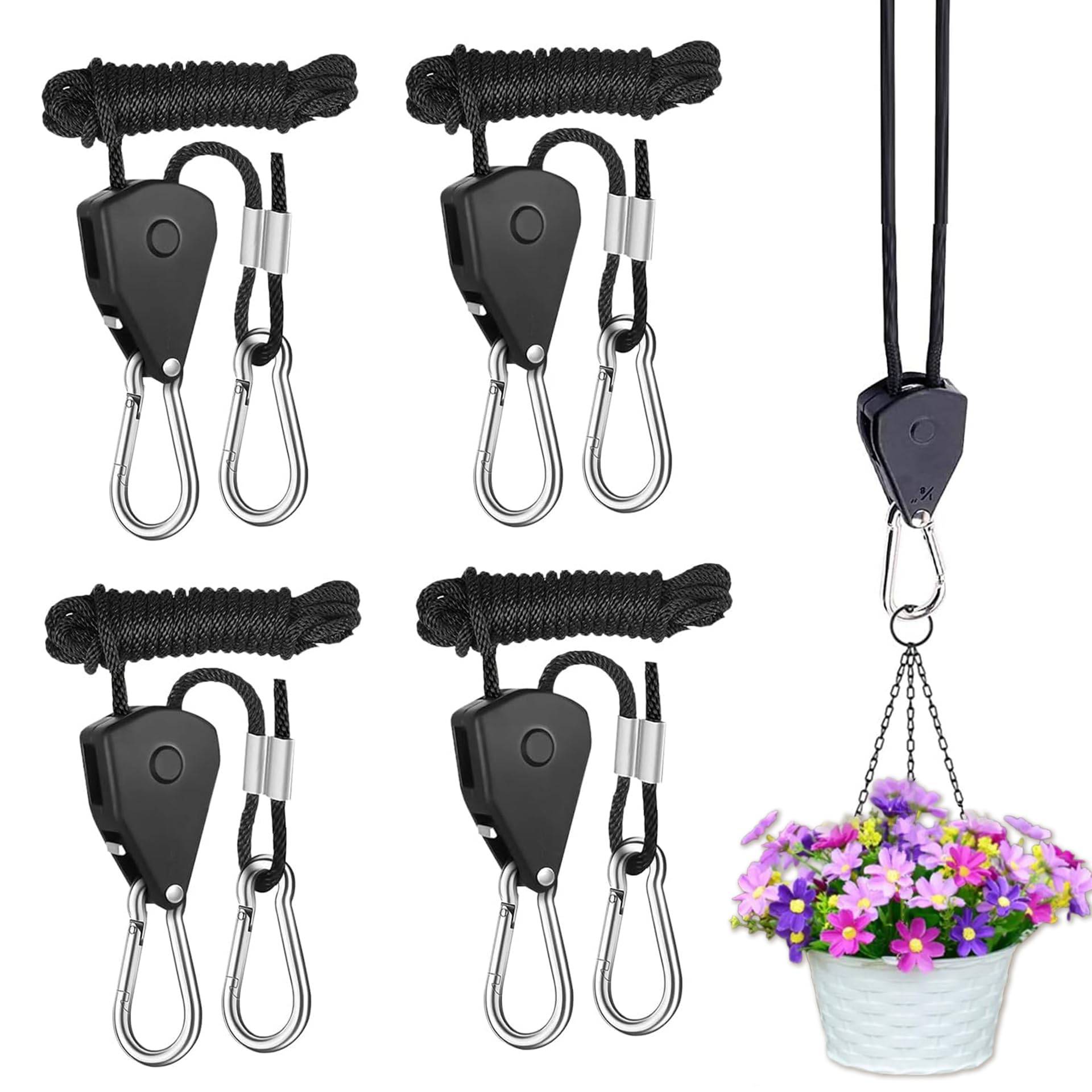 4 Stück 2M *4MM Abspannseile Seil mit Seilspanner, Alluring Ratchet Hanger Verstellbarer Ratsche mit Haken Camping Zeltschnur Flaschenzug mit Seilbremse für Aufhänger Pflanzenlampe Zelten von Alluring