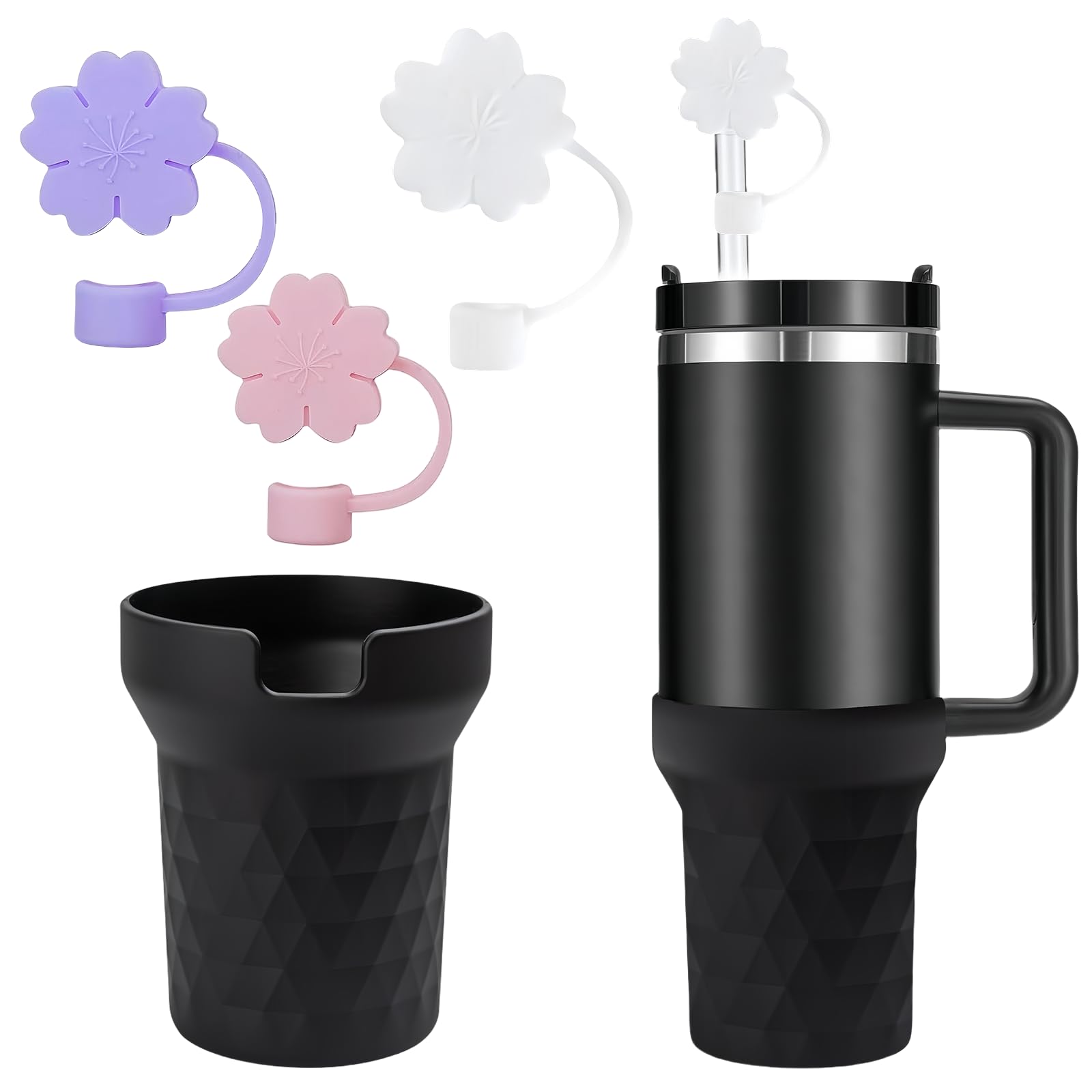 Alluring 4 Stück Stanlley Cup Zubehör für 40oz, Tumbler Bottom Protector Flask Silikonmanschette und Strohhalm Abdeckung, Wasserflaschen Boden Silikonhülle Schutz Stanlley Cup Silikon fuß-Schwarz von Alluring