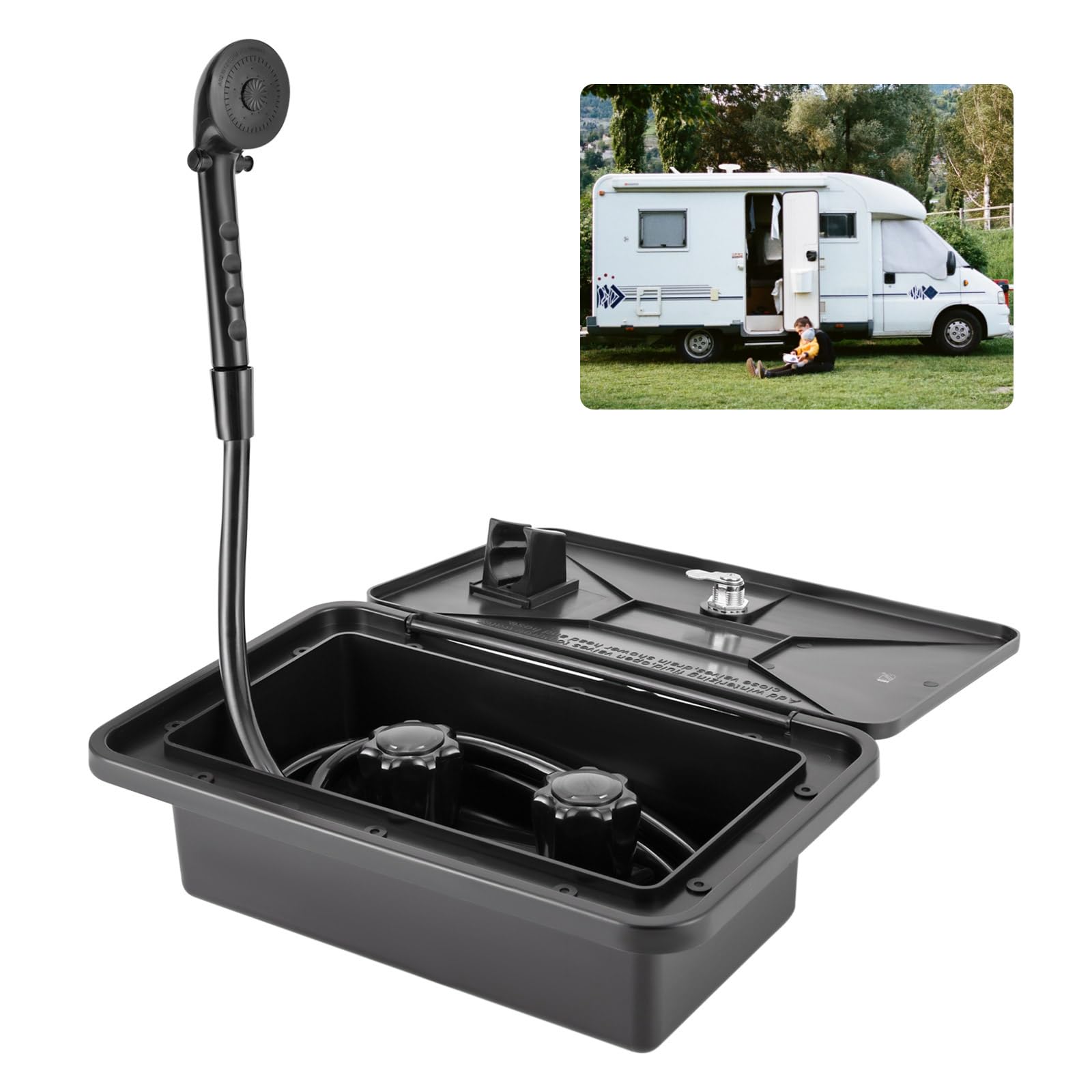 RV Außendusche Box Kit,RV Duschkasten, Außenduschkabine Heiß Kaltschalter RV Duschkopf mit 4,92 Fuß lange Schlauch, RV Dusche für Boot Camper Wohnmobil Außen Wasserhahn RV Dusche Werkzeug (Schwarz) von Alnemy