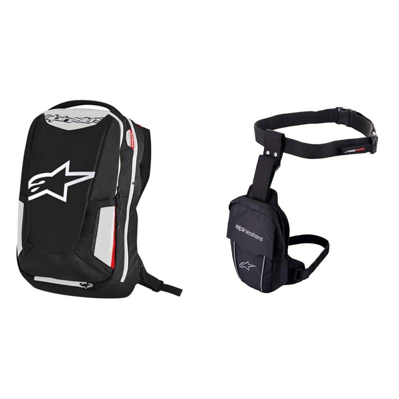 Alpinestars 2801-1259 Motorrad-Rucksack City Hunter Schuh für Unisex/Erwachsene, Schwarz/Weiß & Access Thigh Bag Taktisch Beintasche Beinbeutel Oberschenkeltasche von Alpinestars