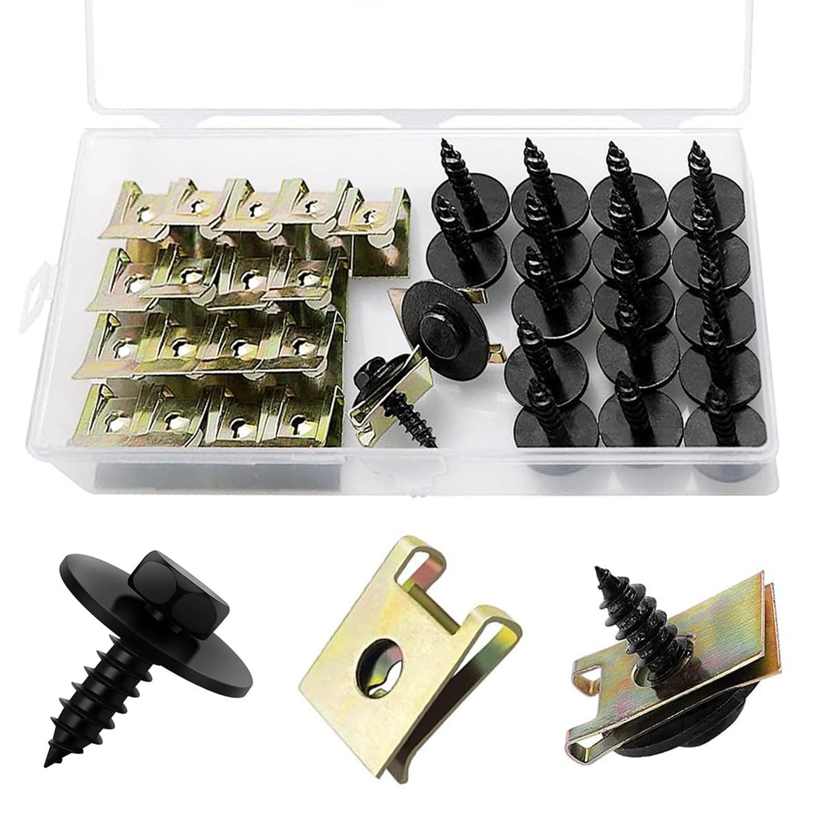 Alrens 80 Stück Blechmutter Schraube Mutter Clip Kit, Feder Blechnmutter und U Typ Karosserieschrauben, Edelstahl Blechmutter Set, Feder Blechmutter Blechschrauben für Auto Motorrad von Alrens