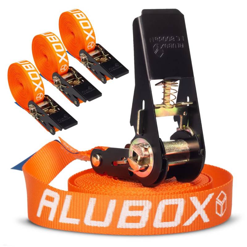 Alubox Spanngurt mit Ratsche 25mm breit orange Belastbarkeit 800kg Ratschengurt TÜV G/S geprüft - Länge 4m - 4 Stück von Alubox