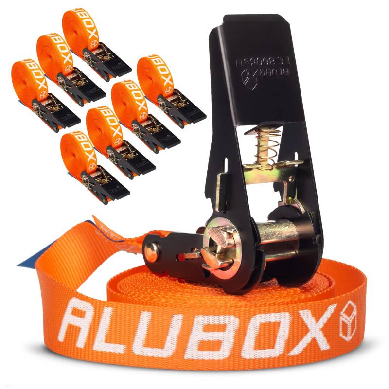 Alubox Spanngurt mit Ratsche 25mm breit orange Belastbarkeit 800kg Ratschengurt TÜV G/S geprüft - Länge 4m - 8 Stück von Alubox