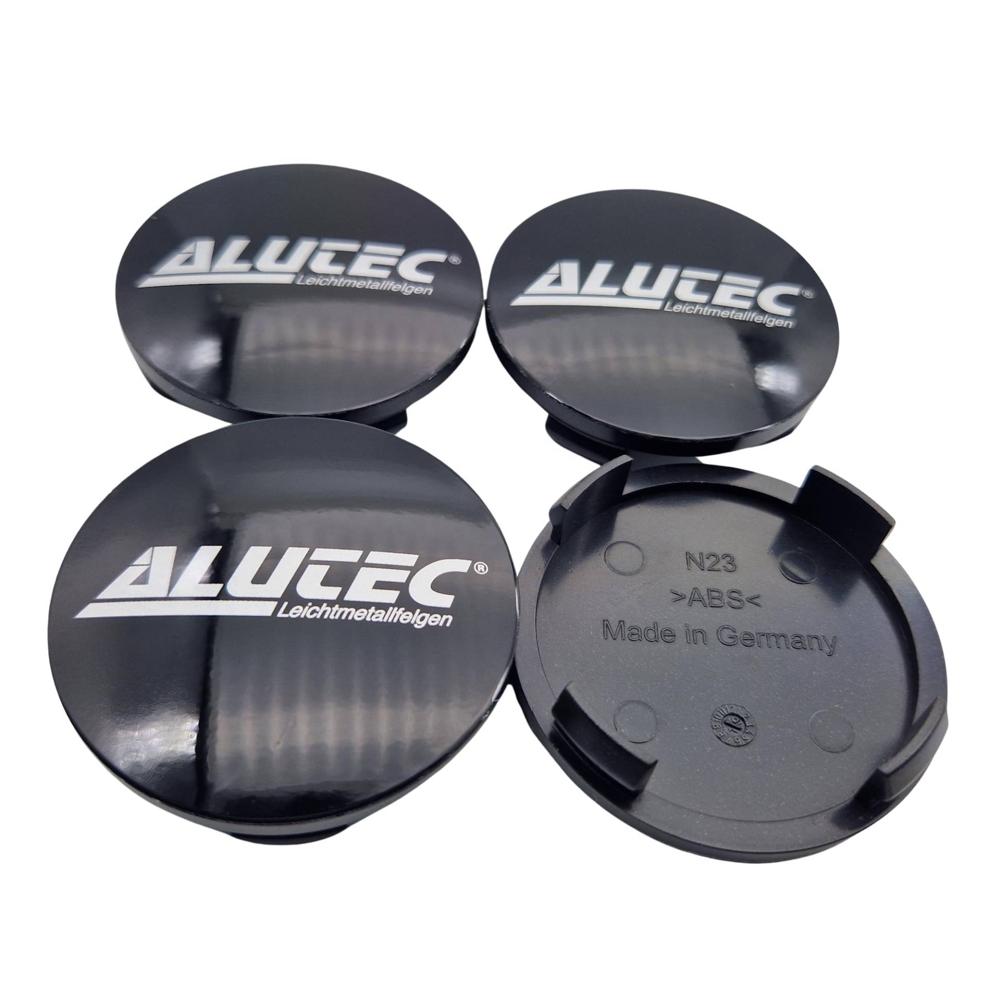 4X Alutec Nabendeckel 60mm Schwarz Glanz (N23) Logo Silber - Original Felgendeckel/Nabenkappe/Hubcap von Alutec