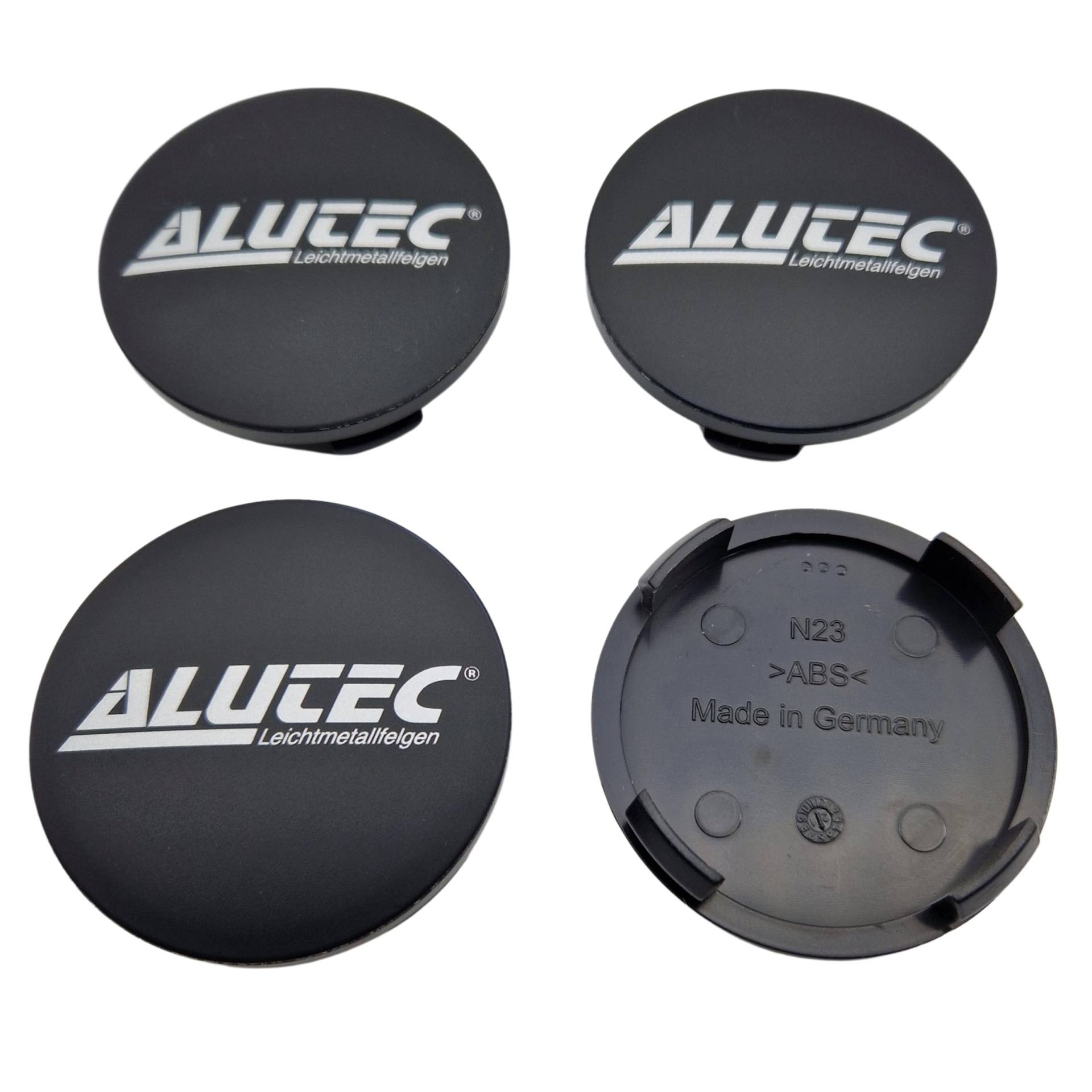 4X Alutec Nabendeckel 60mm Schwarz Matt (N23) Logo Silber - Original Felgendeckel/Nabenkappe/Hubcap von Alutec