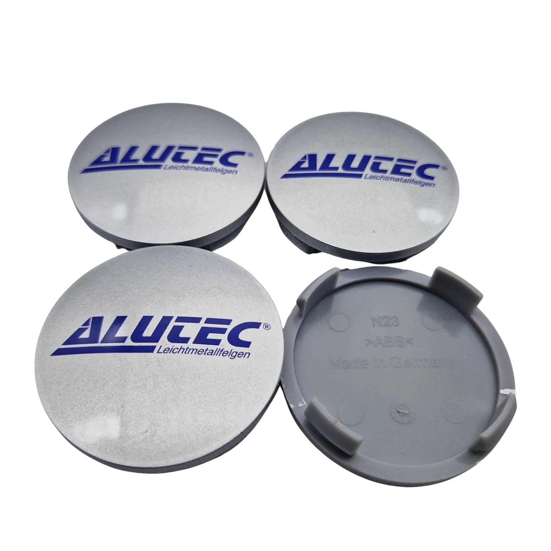 4X Alutec Nabendeckel 60mm Silber (N23) Logo Blau - Original Felgendeckel/Nabenkappe/Hubcap von Alutec