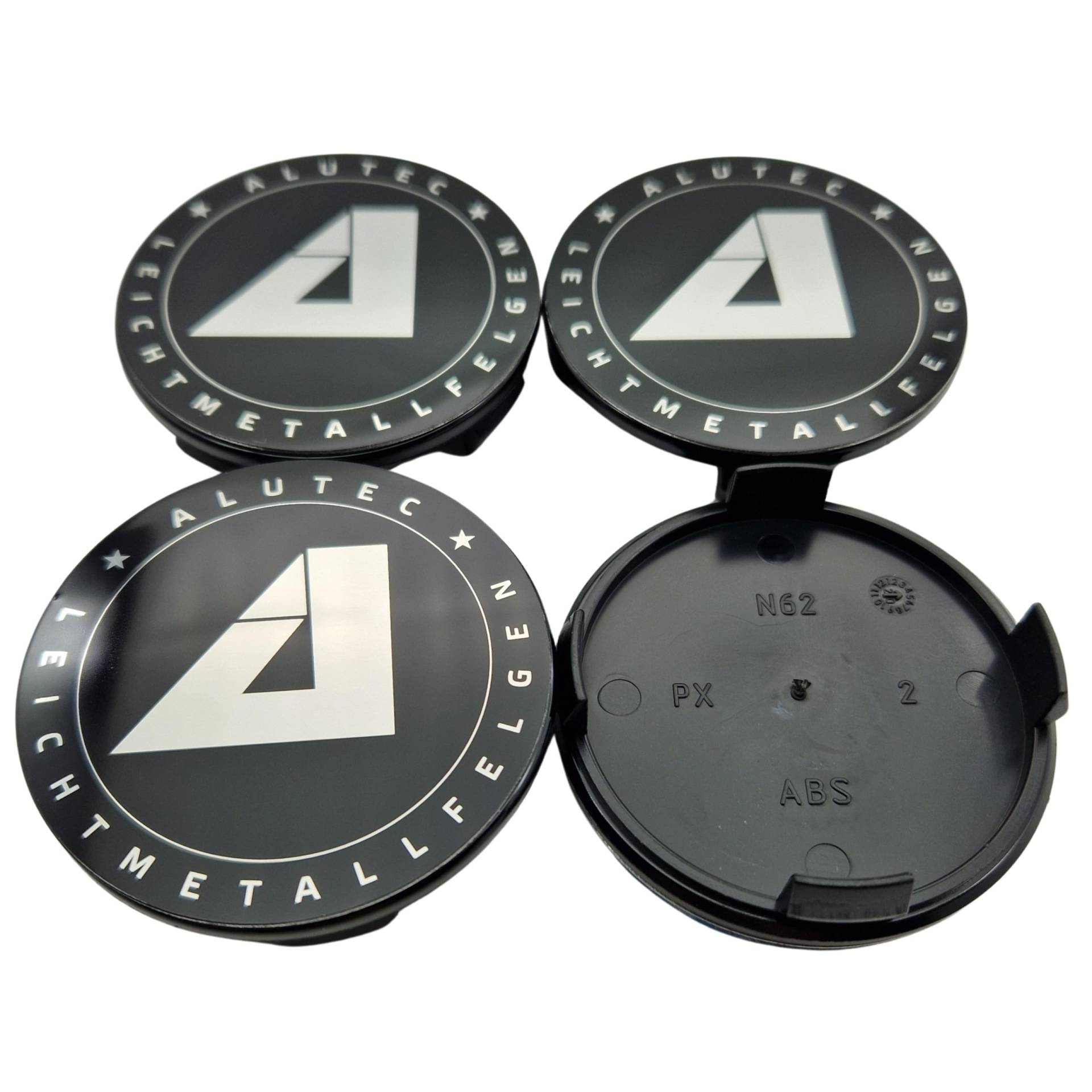 4X Alutec Nabendeckel 61mm Schwarz Glanz (N62) Logo Silber - Original Felgendeckel/Nabenkappe/Hubcap von Alutec