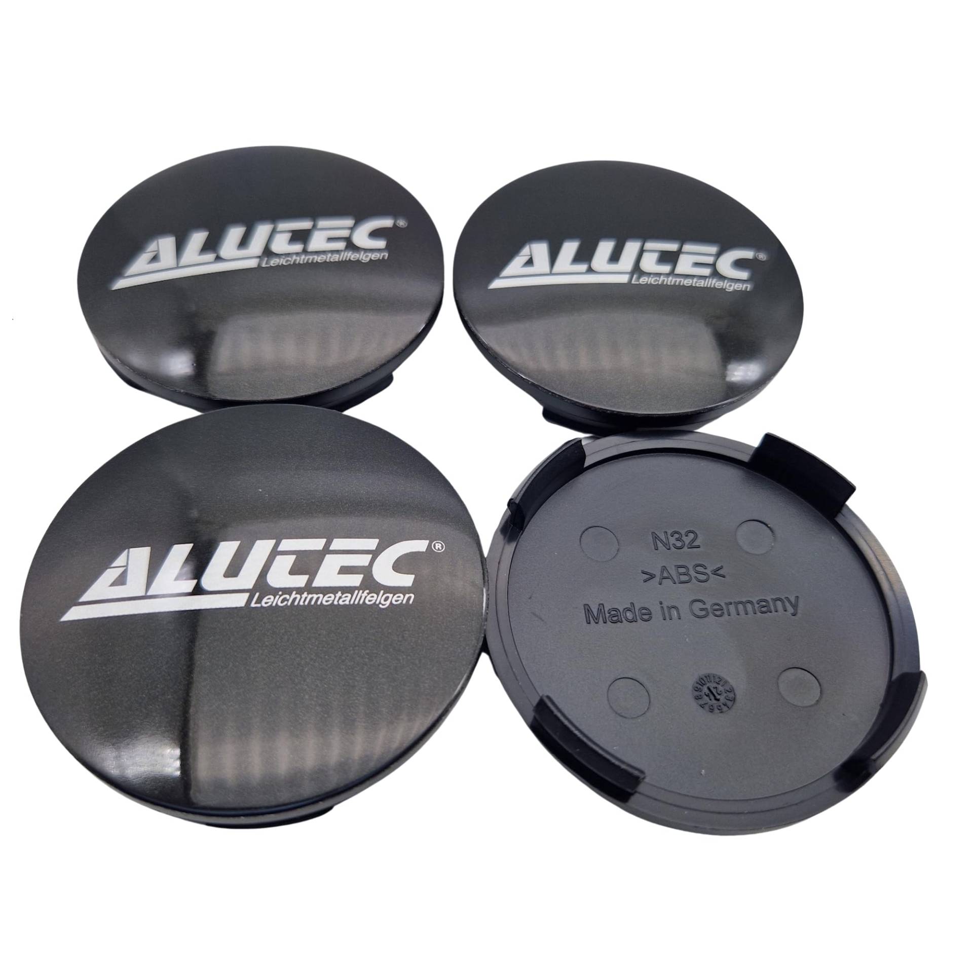 4X Alutec Nabendeckel 64mm Graphit (N32) Logo Silber - Original Felgendeckel/Nabenkappe/Hubcap von Alutec