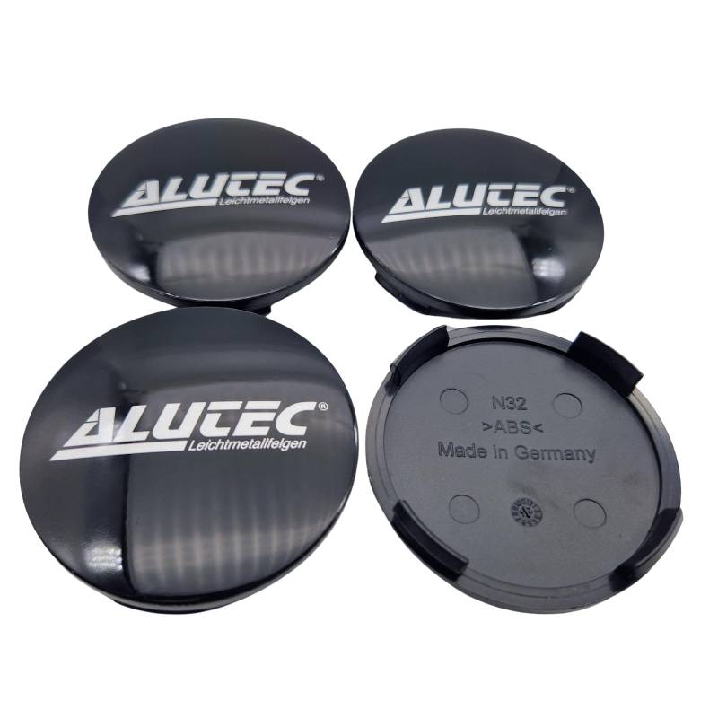 4X Alutec Nabendeckel 64mm Schwanz Glanz (N32) Logo Silber - Original Felgendeckel/Nabenkappe/Hubcap von Alutec