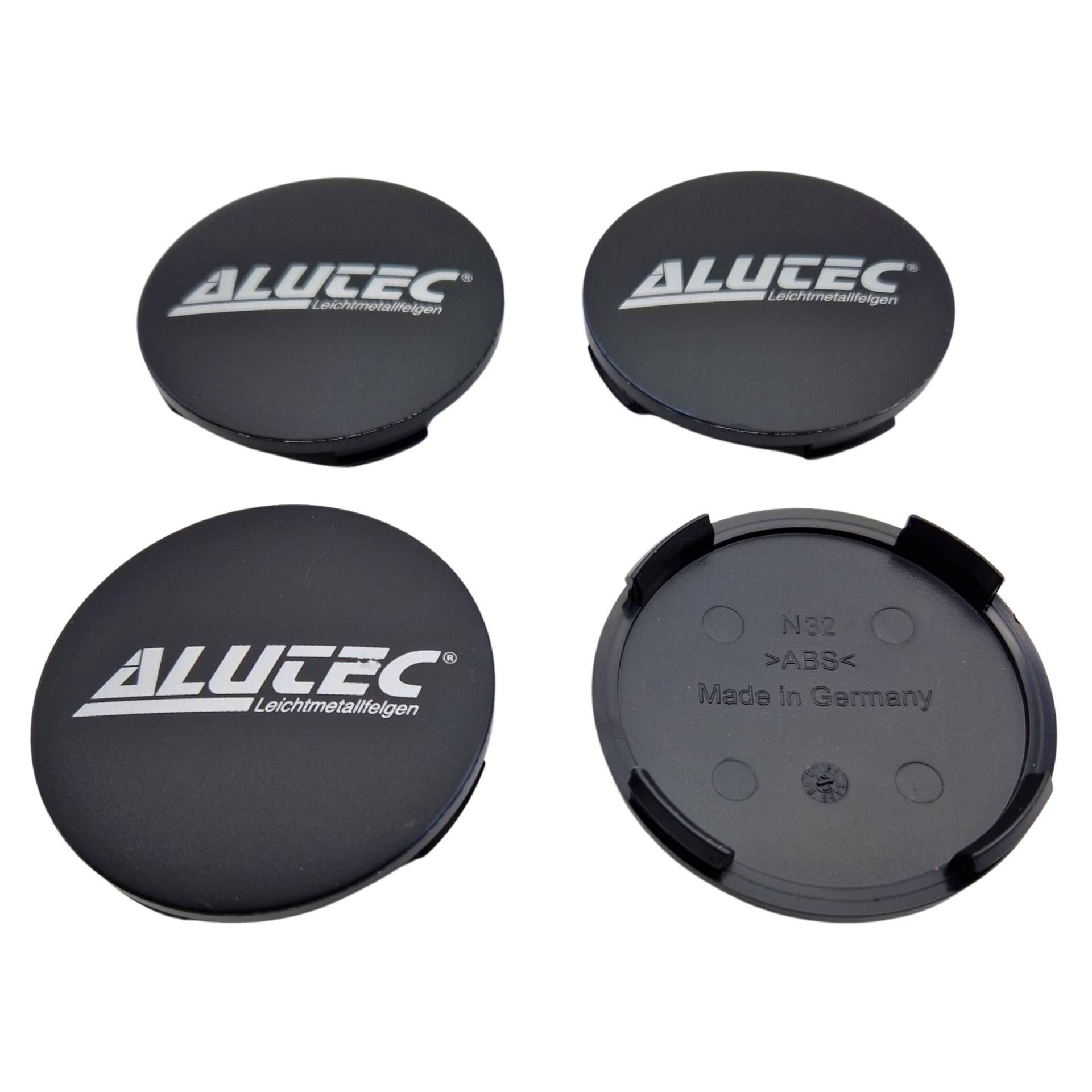 4X Alutec Nabendeckel 64mm Schwarz Matt (N32) Logo Silber - Original Felgendeckel/Nabenkappe/Hubcap von Alutec