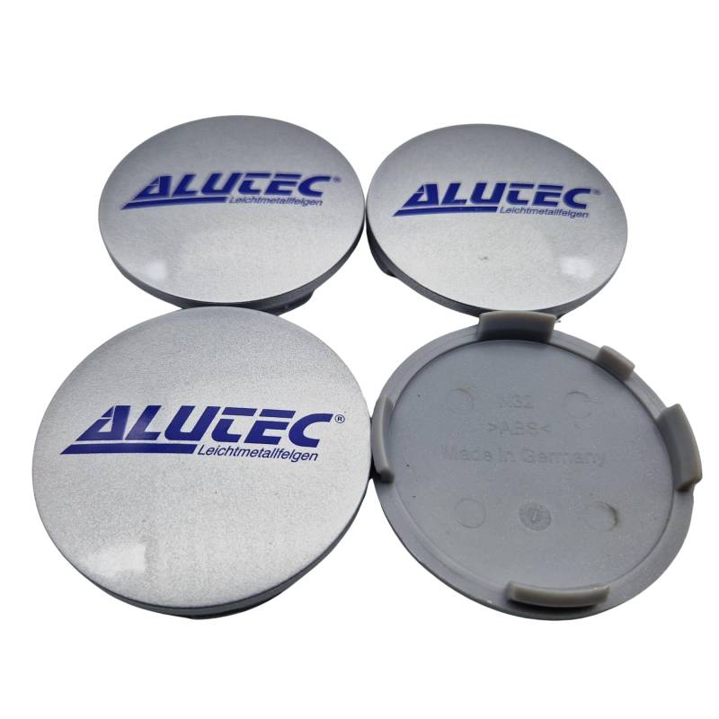 4X Alutec Nabendeckel 64mm Silber (N32) Logo Blau - Original Felgendeckel/Nabenkappe/Hubcap von Alutec