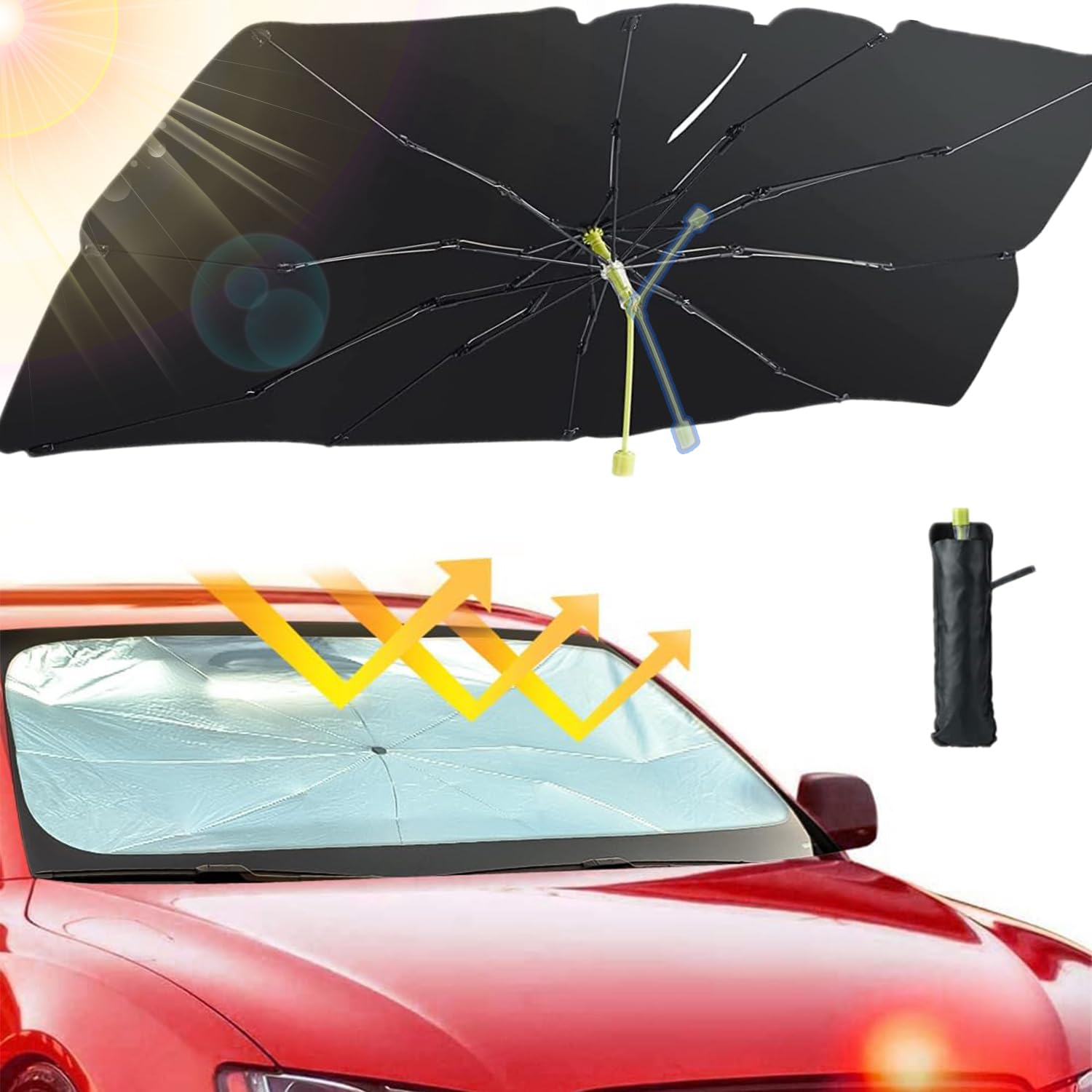 Sonnenschutz Auto Frontscheibe Innen, Aluusy Faltbarer Sommer Sonnenschirm für Auto Windschutzscheibe 140 * 75 cm, Drehbar Front-Sonnenschutz Regenschirm UV Shutz für die Meisten Autos, SUVs von Aluusy