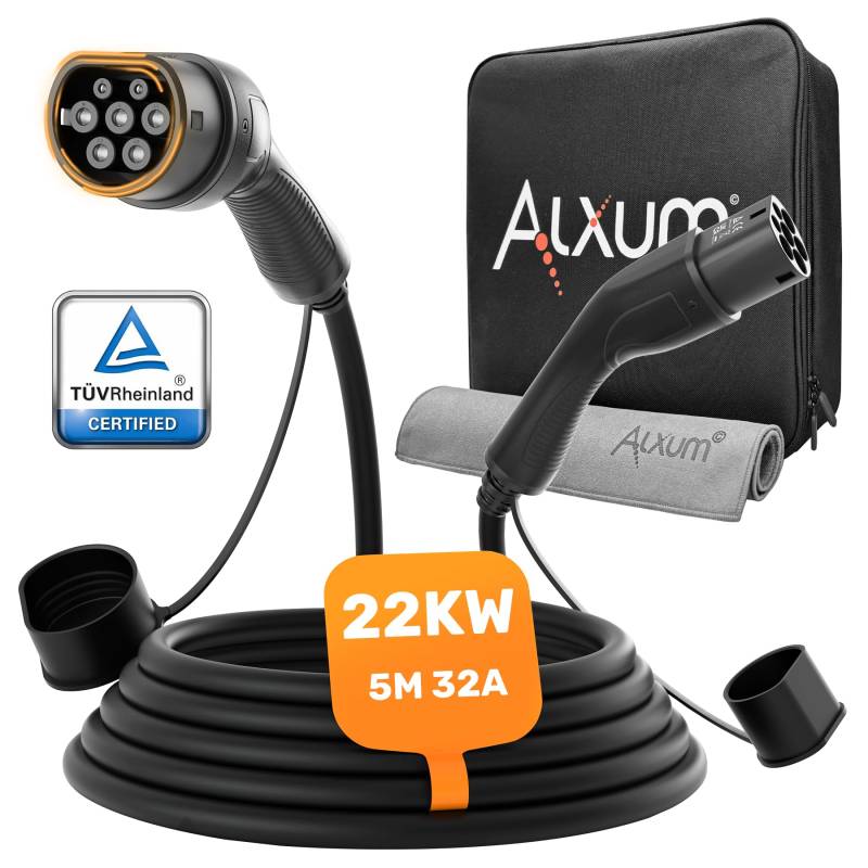 Alxum Typ 2 Ladekabel 22kw & 32A-für Hybrid & Elektroauto-3 Phasig 5 Meter Typ 2 auf Typ 2 Auto Ladekabel mit Tasche und Mikrofasertuch,IP55 Wasserdicht Typ 2 auf Typ 2 EV Schnellladekabel von Alxum