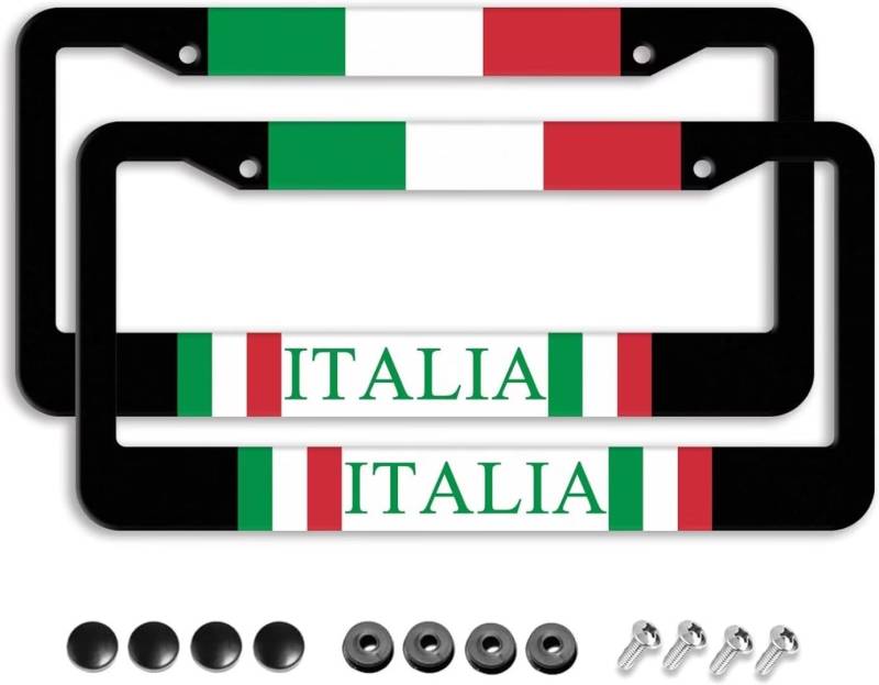 Nummernschildrahmen mit italienischer Flagge, 2 Stück, Aluminium, Metall, Nummernschilder, Italien-Kennzeichenhalter, originelles Auto-Etikett, Universal-USA-Autozubehör mit 2 Löchern von AmazingOkay