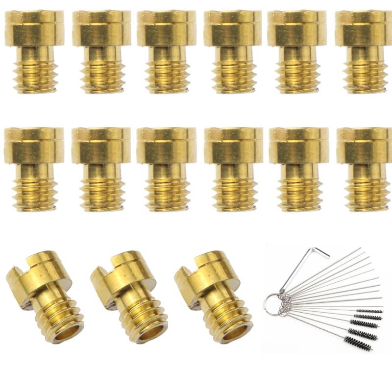 15-teiliges M6 Vergaser Düsen Set - Hauptdüsen für Dellorto, Mikuni & Gurtner Vergaser, 60-130 - Inkl. Reinigungsbürsten Set für Roller, Motorrad Schaltmoped (Gold) von Amazleer