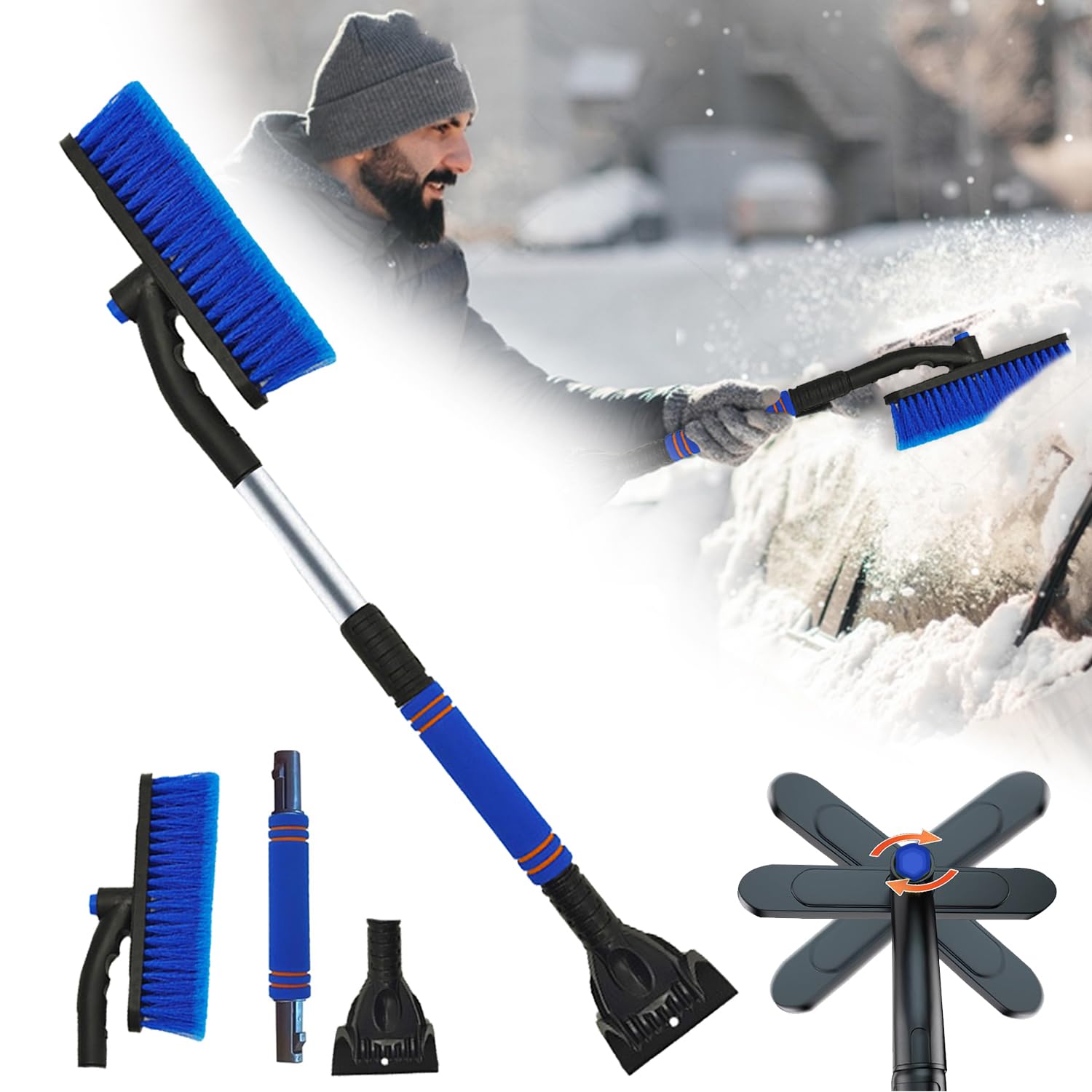 Amebleak Auto Eiskratzer 80cm, 3 in1 Auto Reinigungsbürste Eiskratzer Schneebesen mit Besen und 360 Grad Bürstenkopf, Auto Schneebürste Schneekratzer mit Schaumstoffgriff für PKW LKW SUV (Blau) von Amebleak