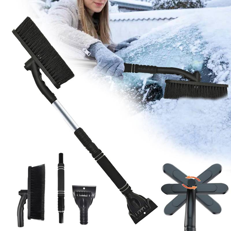 Amebleak Auto Eiskratzer 80cm, 3 in1 Auto Reinigungsbürste Eiskratzer Schneebesen mit Besen und 360 Grad Bürstenkopf, Auto Schneebürste Schneekratzer mit Schaumstoffgriff für PKW LKW SUV (Schwarz) von Amebleak