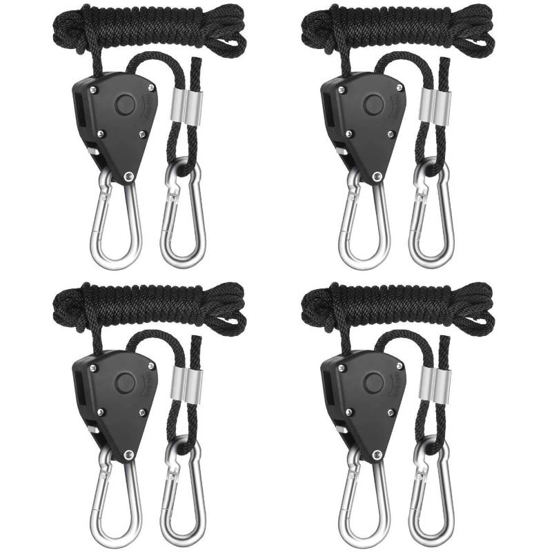 Amfrpar 4 Stück Seil Ratsche Verstellbar Seilratsche mit Haken Rope Ratchet Hanger Seilzugratsche Ratschenaufhänger für Pflanzenlampe 1/8 Zoll, 68kg Tragkraft pro Paar von Amfrpar