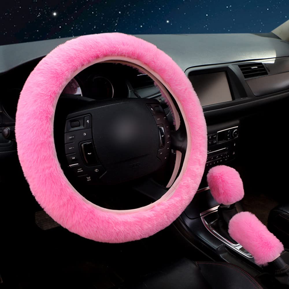 Lenkradabdeckung, Amokee Universal Lenkradhülle Plüsch 3er/Set Winter Lenkradbezug Teleskop Lenkrad Abdeckung weich bequem Steering Lenkradschoner für Auto Zubehör, 36-39cm (Rosa) von Amokee