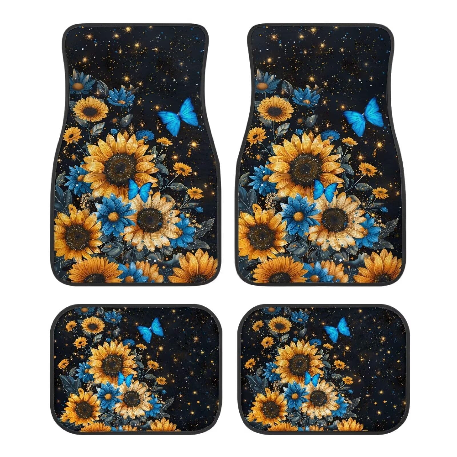 Sonnenblumen-Schmetterling, Sonnenblumen-Schmetterlings-Druck, Bodenfußmatten für vorne und hinten, 4-teiliges Set, Autozubehör, universelle Autobodenteppiche, dekorative Teppiche, Matten, komplettes von Anceky