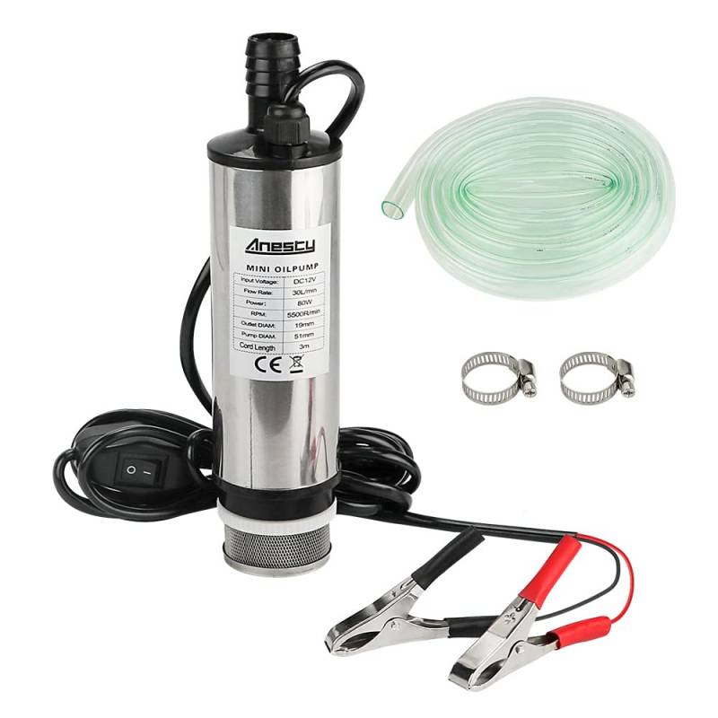 Edelstahl Transfer Pumpe 12V Φ51mm Wasserpumpe Tauchpumpe für Auto Diesel Öl Heizöl Wasser Kraftstofftransfer Pumpe mit Herausnehmbarem Filter, 3m PVC Transparenter Schlauch, Schlauchklemmen von Anesty